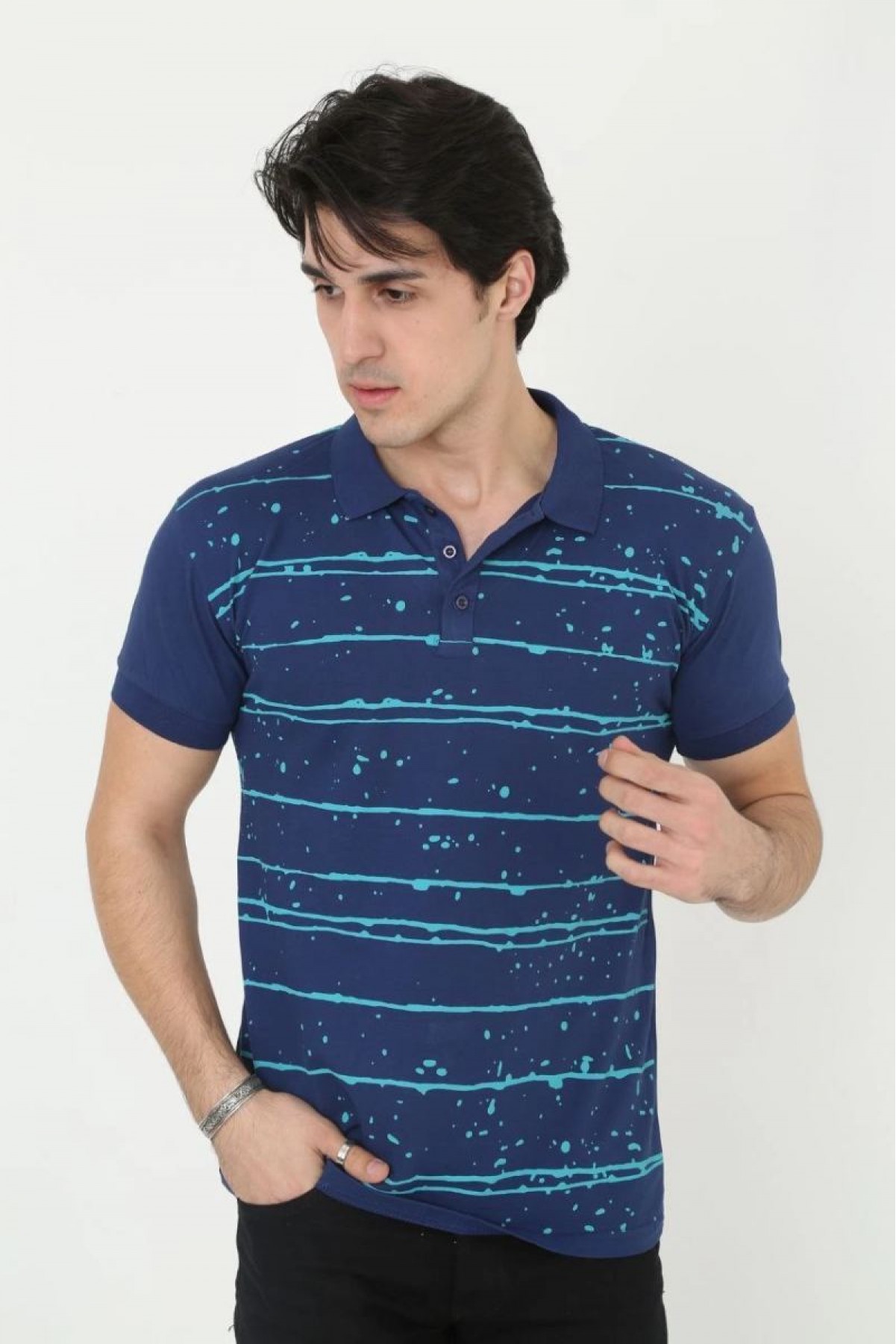 Erkek Pike Polo Yaka tişört Slim Fit Baskılı Kısa kol T-Shirt - Mavi