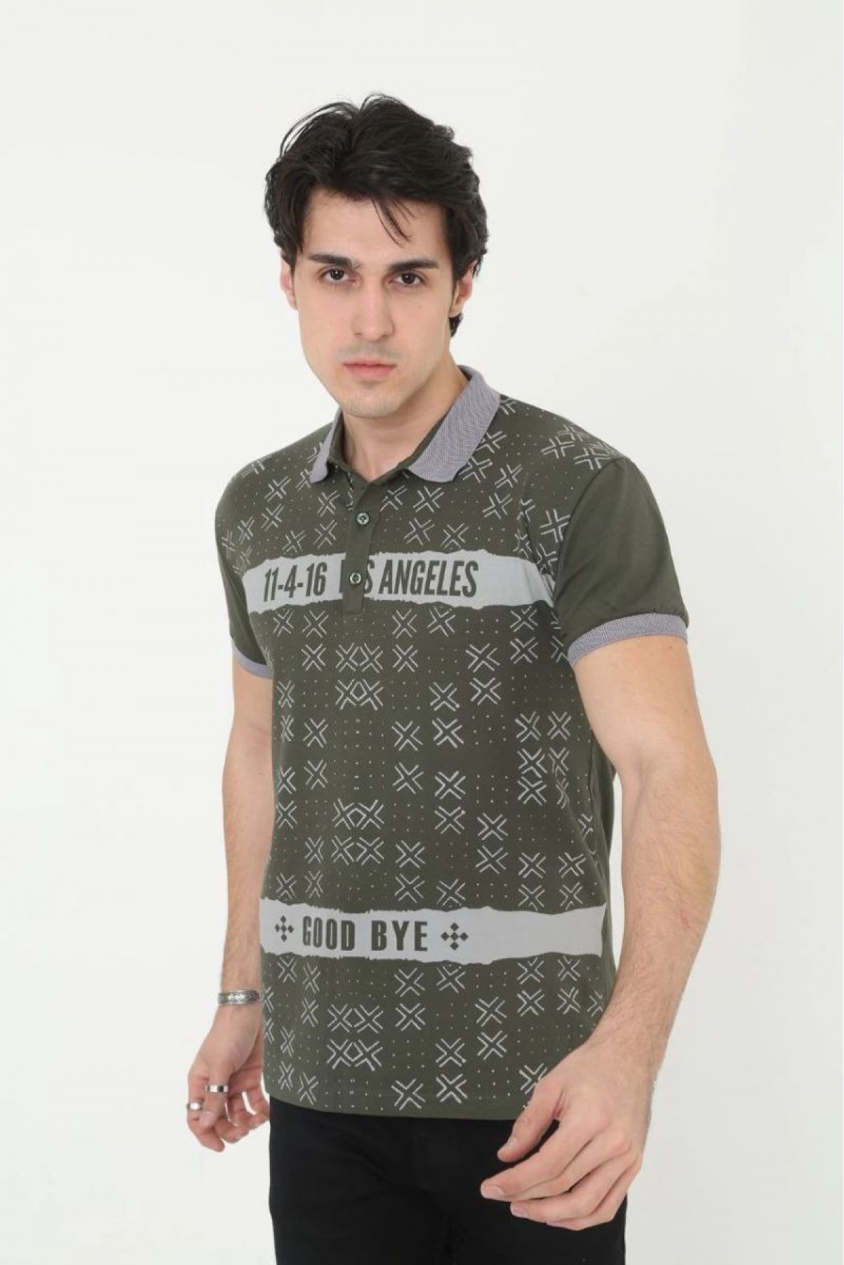 Erkek Polo Yaka tişört Slim Fit Baskılı Kısa kol T-Shirt - Haki