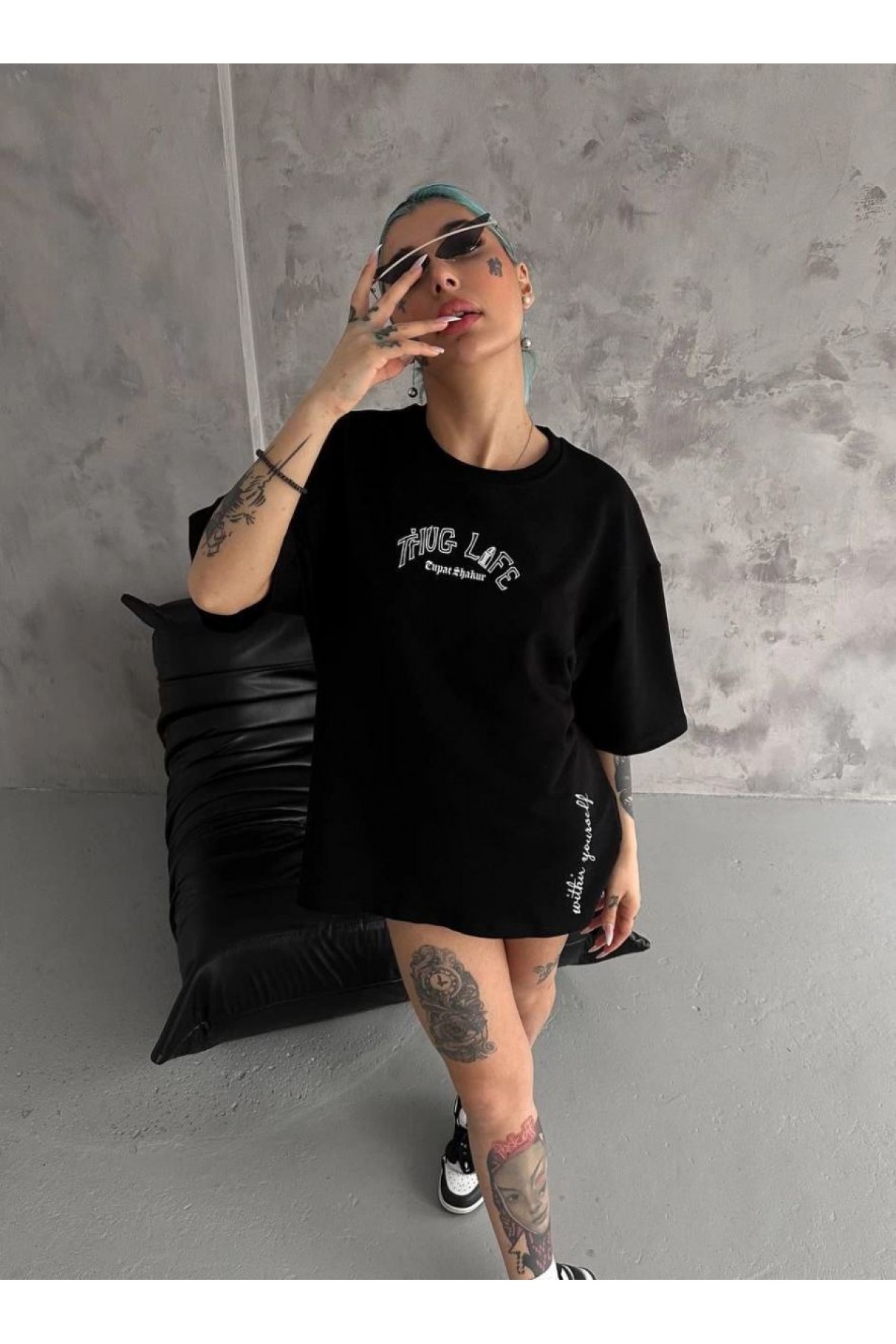 Kadın Kısa Kol Tişört Bisiklet Yaka Filistin Poşülü Baskılı T-Shirt - Siyah