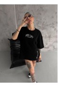 Kadın Kısa Kol Tişört Bisiklet Yaka Filistin Poşülü Baskılı T-Shirt - Siyah