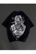 Kadın Kısa Kol Tişört Bisiklet Yaka Filistin Poşülü Baskılı T-Shirt - Siyah