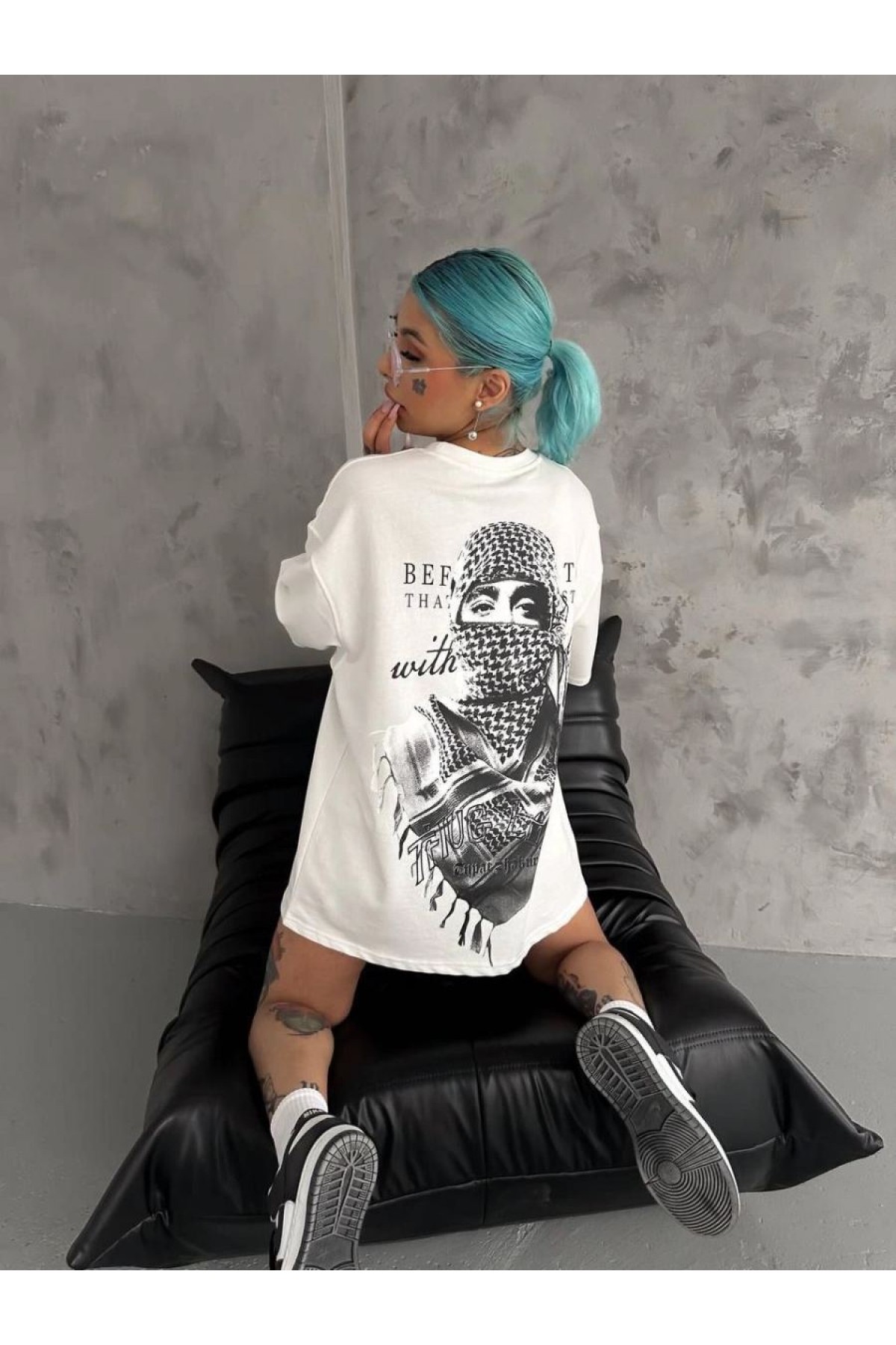 Kadın Kısa Kol Tişört Bisiklet Yaka Filistin Poşülü Baskılı T-Shirt - Beyaz