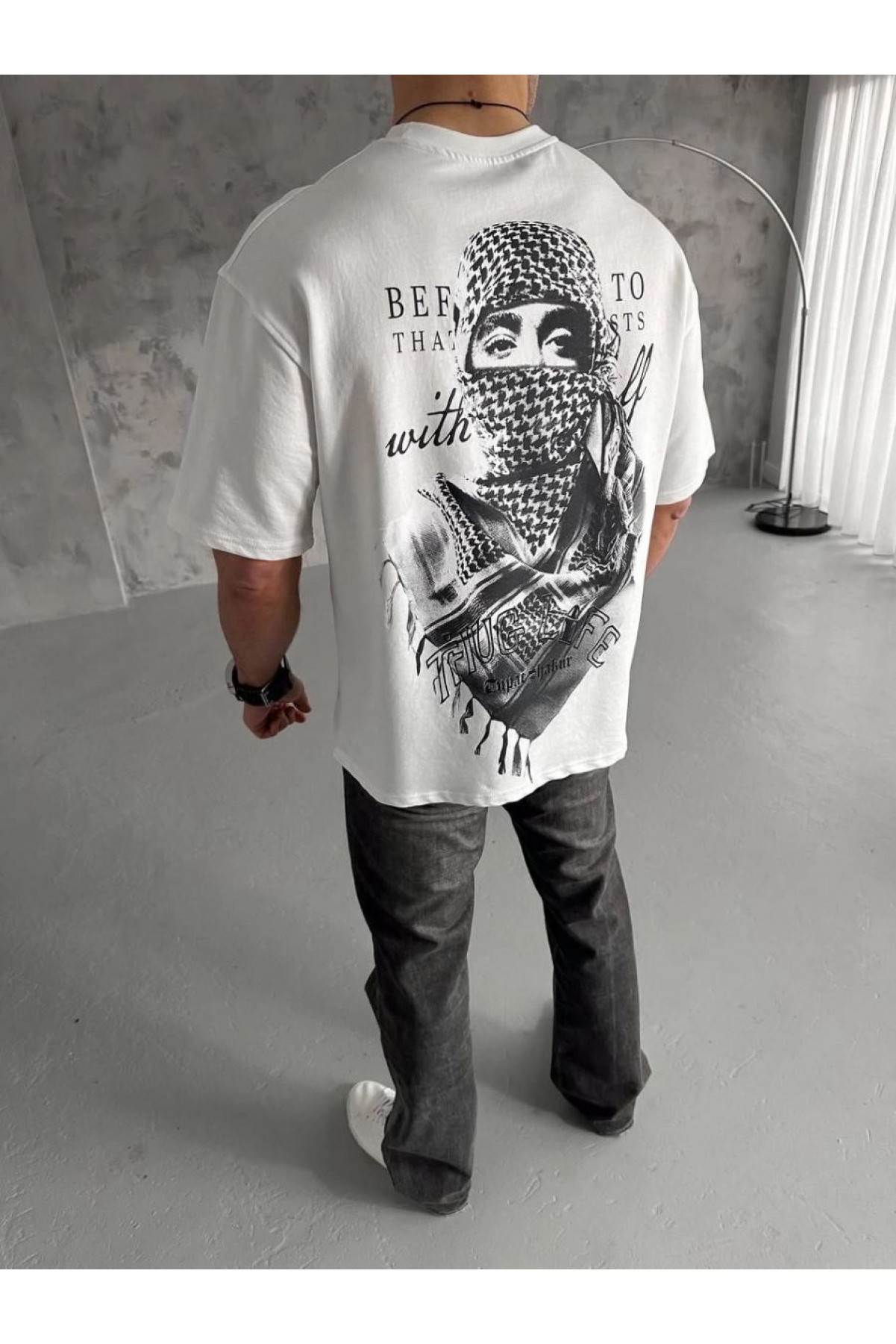 Erkek Kısa Kol Tişört Bisiklet Yaka Filistin Poşulu Baskılı T-Shirt - Beyaz