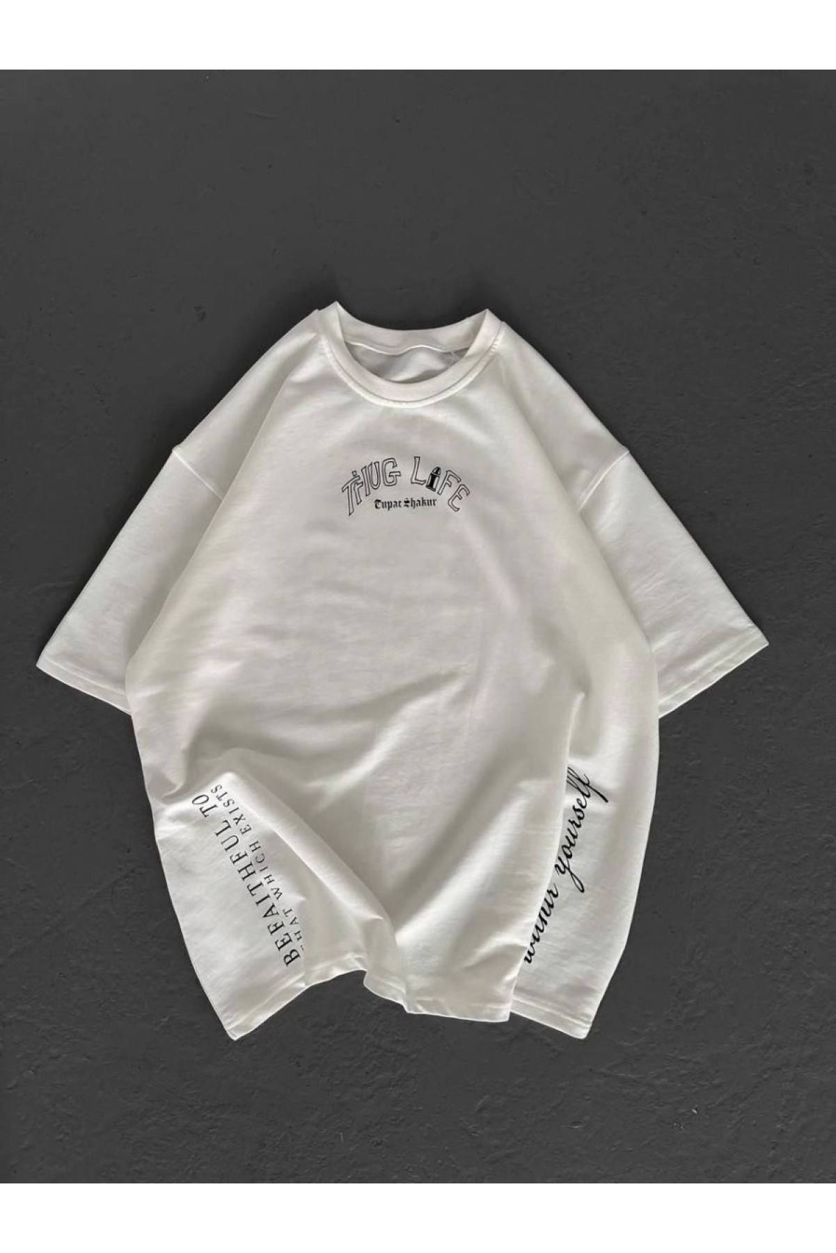 Erkek Kısa Kol Tişört Bisiklet Yaka Filistin Poşulu Baskılı T-Shirt - Beyaz