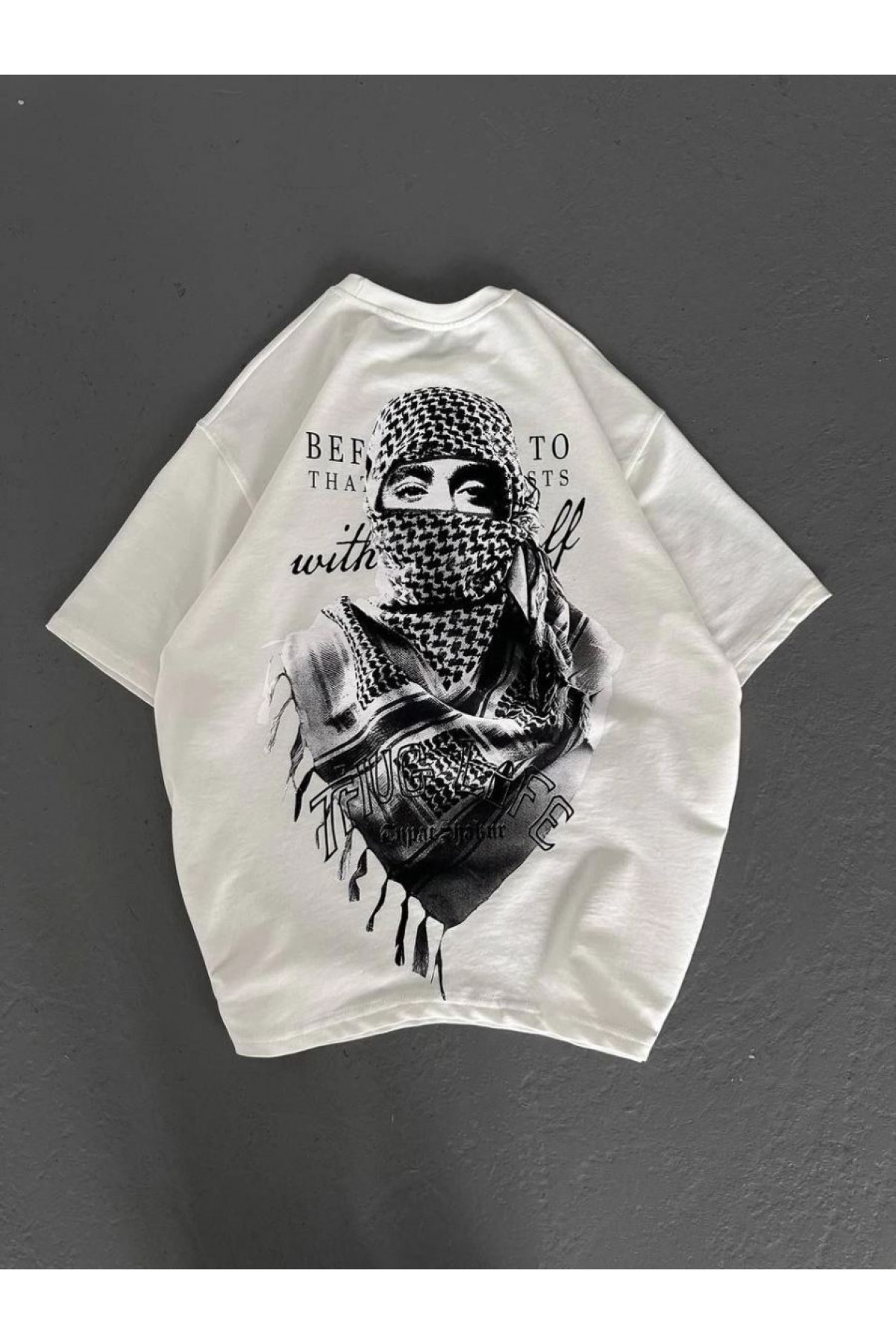 Erkek Kısa Kol Tişört Bisiklet Yaka Filistin Poşulu Baskılı T-Shirt - Beyaz