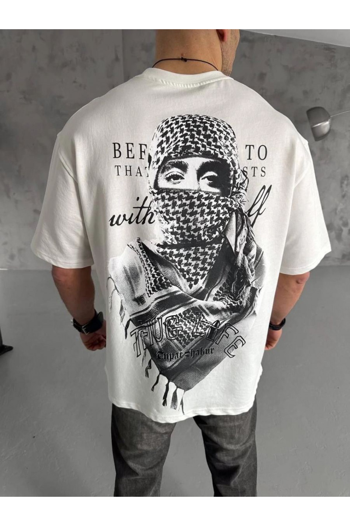 Erkek Kısa Kol Tişört Bisiklet Yaka Filistin Poşulu Baskılı T-Shirt - Beyaz