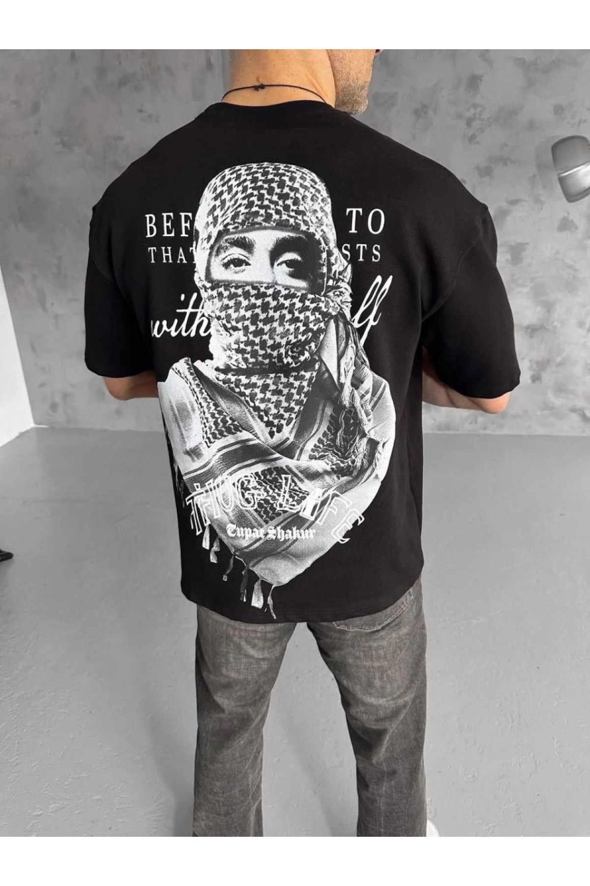 Erkek Kısa Kol Tişört Bisiklet Yaka Filistin Poşulu Baskılı T-Shirt - Siyah