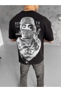 Erkek Kısa Kol Tişört Bisiklet Yaka Filistin Poşulu Baskılı T-Shirt - Siyah