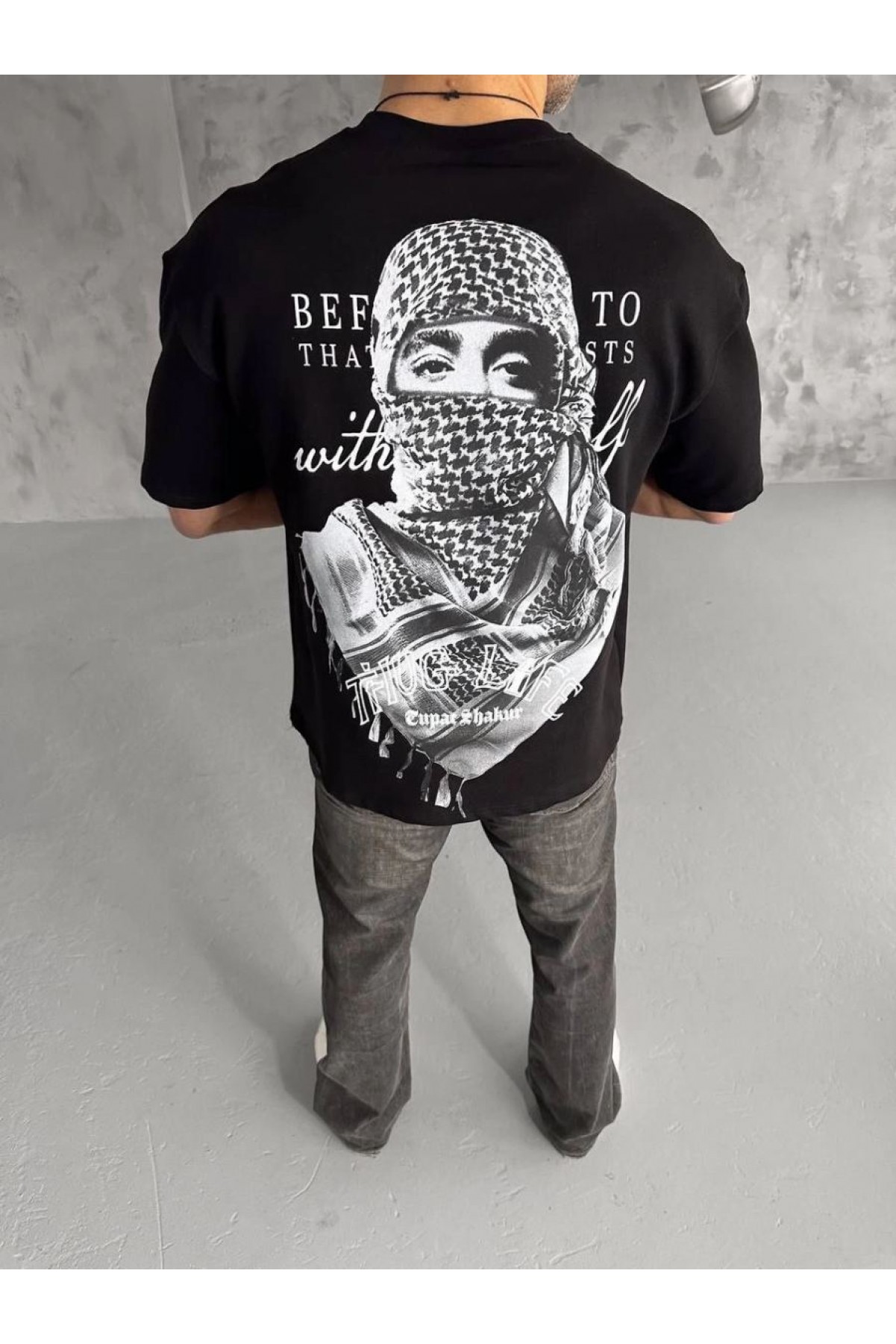 Erkek Kısa Kol Tişört Bisiklet Yaka Filistin Poşulu Baskılı T-Shirt - Siyah