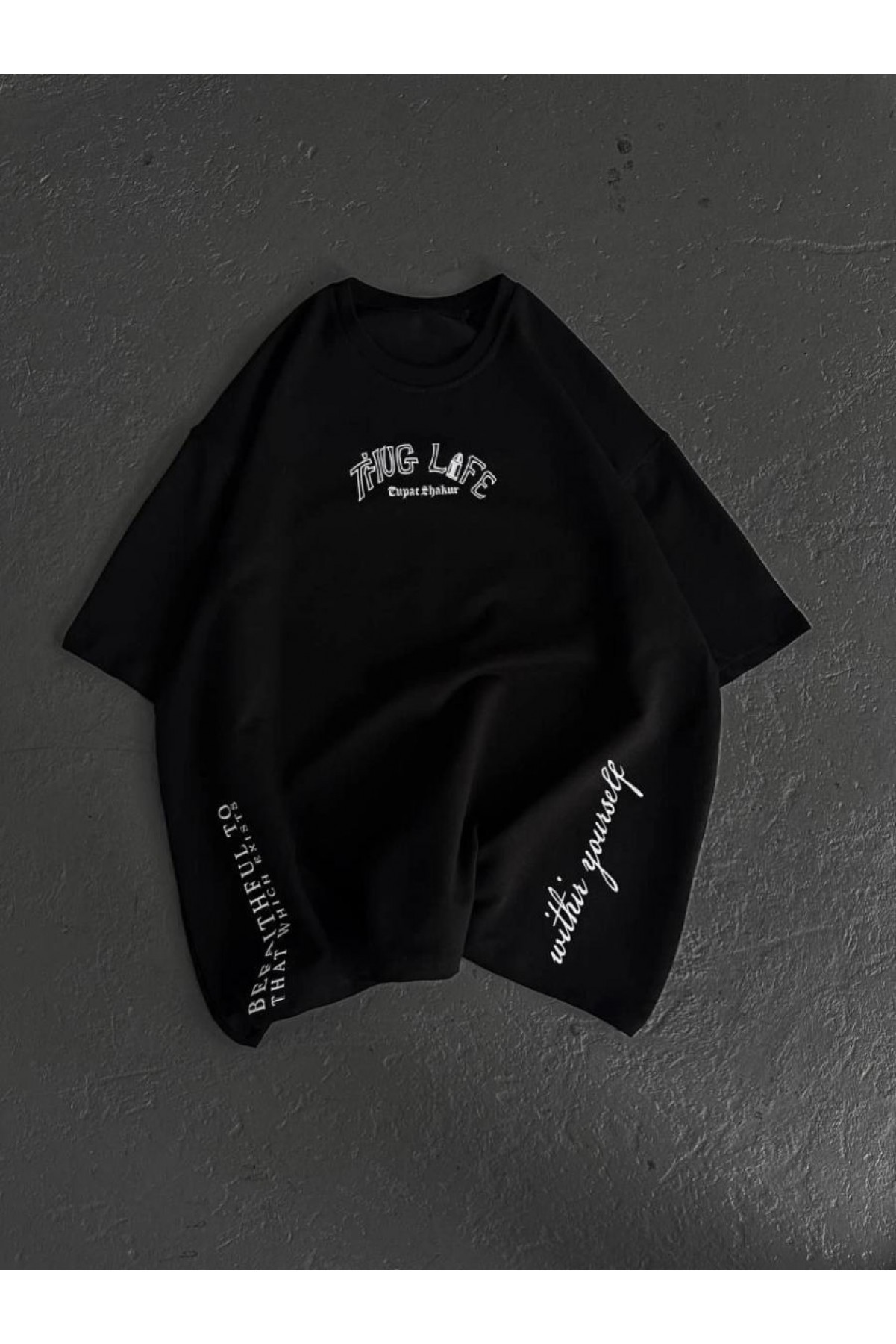Erkek Kısa Kol Tişört Bisiklet Yaka Filistin Poşulu Baskılı T-Shirt - Siyah