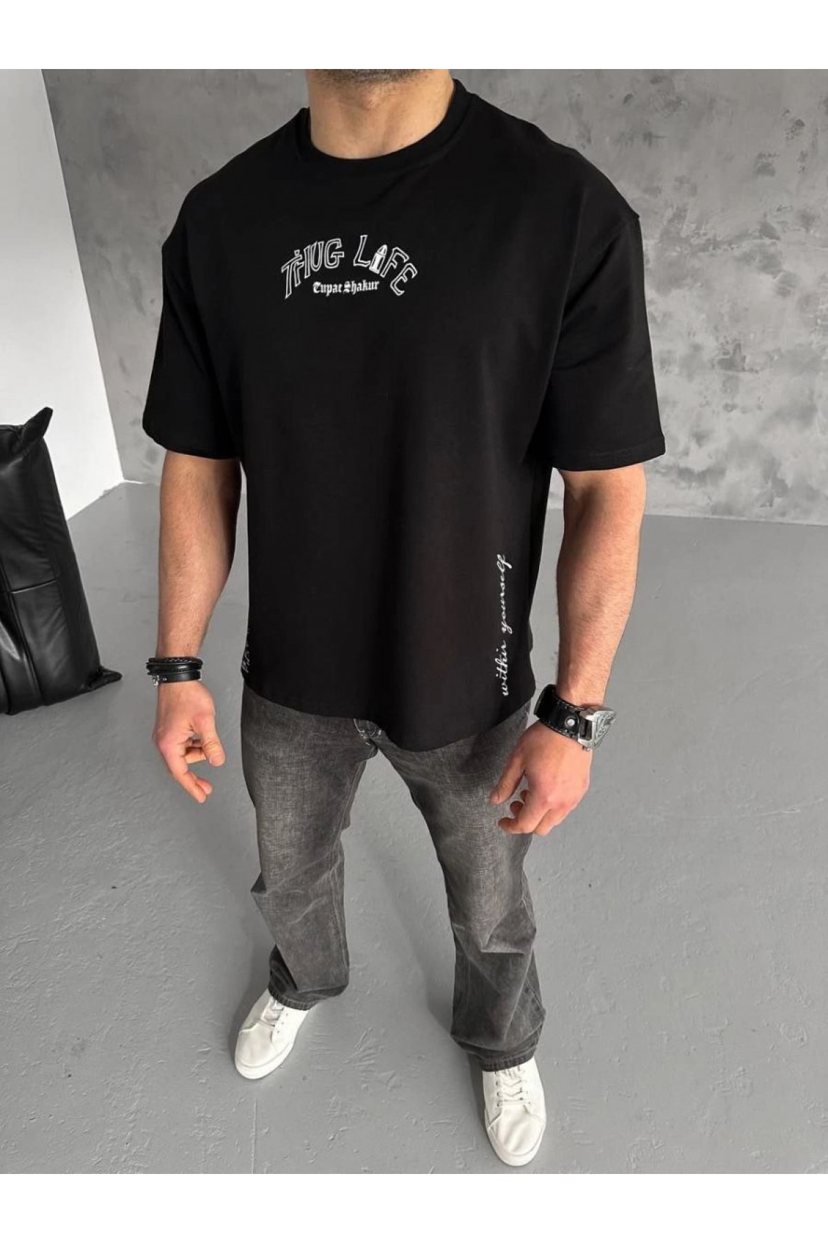 Erkek Kısa Kol Tişört Bisiklet Yaka Filistin Poşulu Baskılı T-Shirt - Siyah