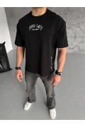 Erkek Kısa Kol Tişört Bisiklet Yaka Filistin Poşulu Baskılı T-Shirt - Siyah