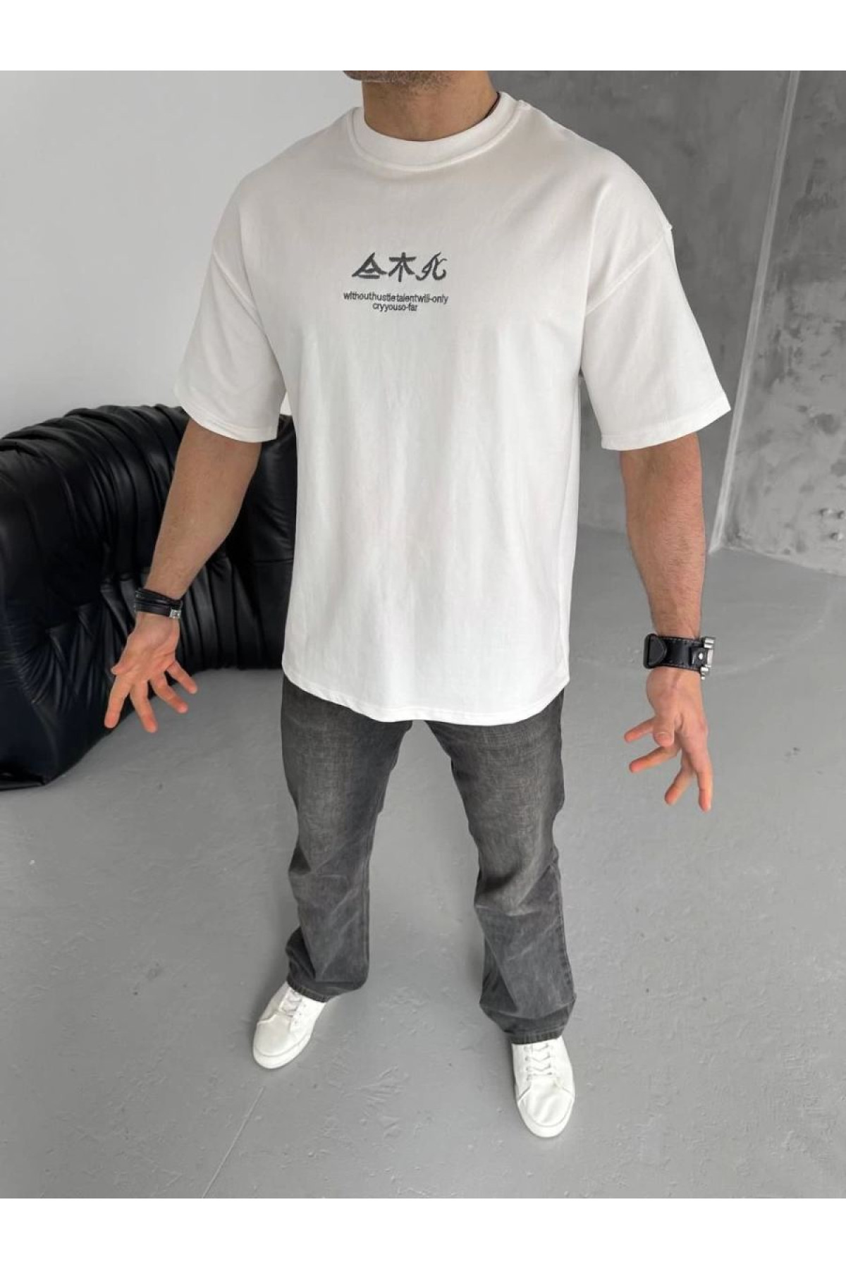 Erkek Bisiklet yaka Baskılı T-Shirt - Beyaz