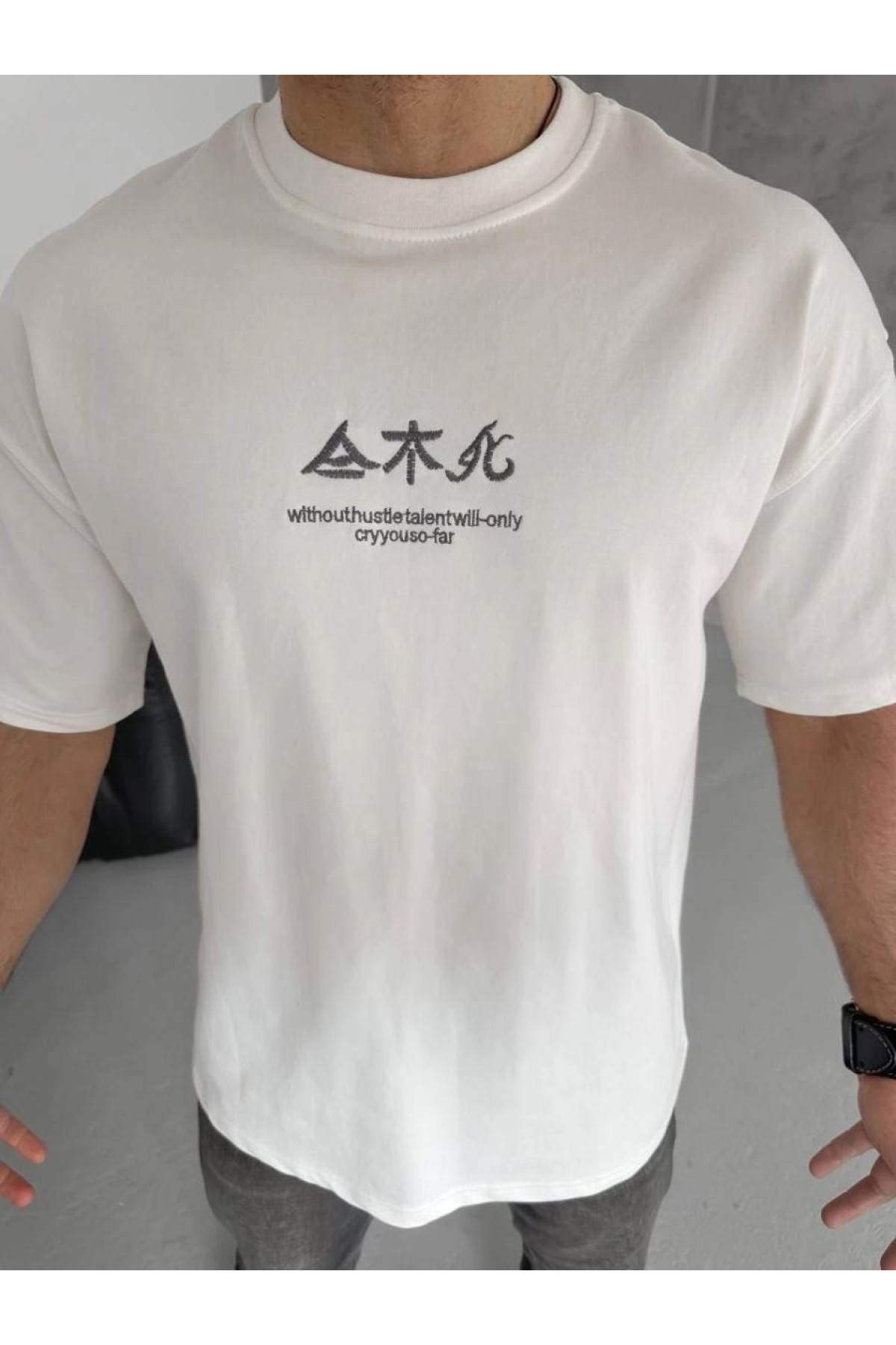 Erkek Bisiklet yaka Baskılı T-Shirt - Beyaz