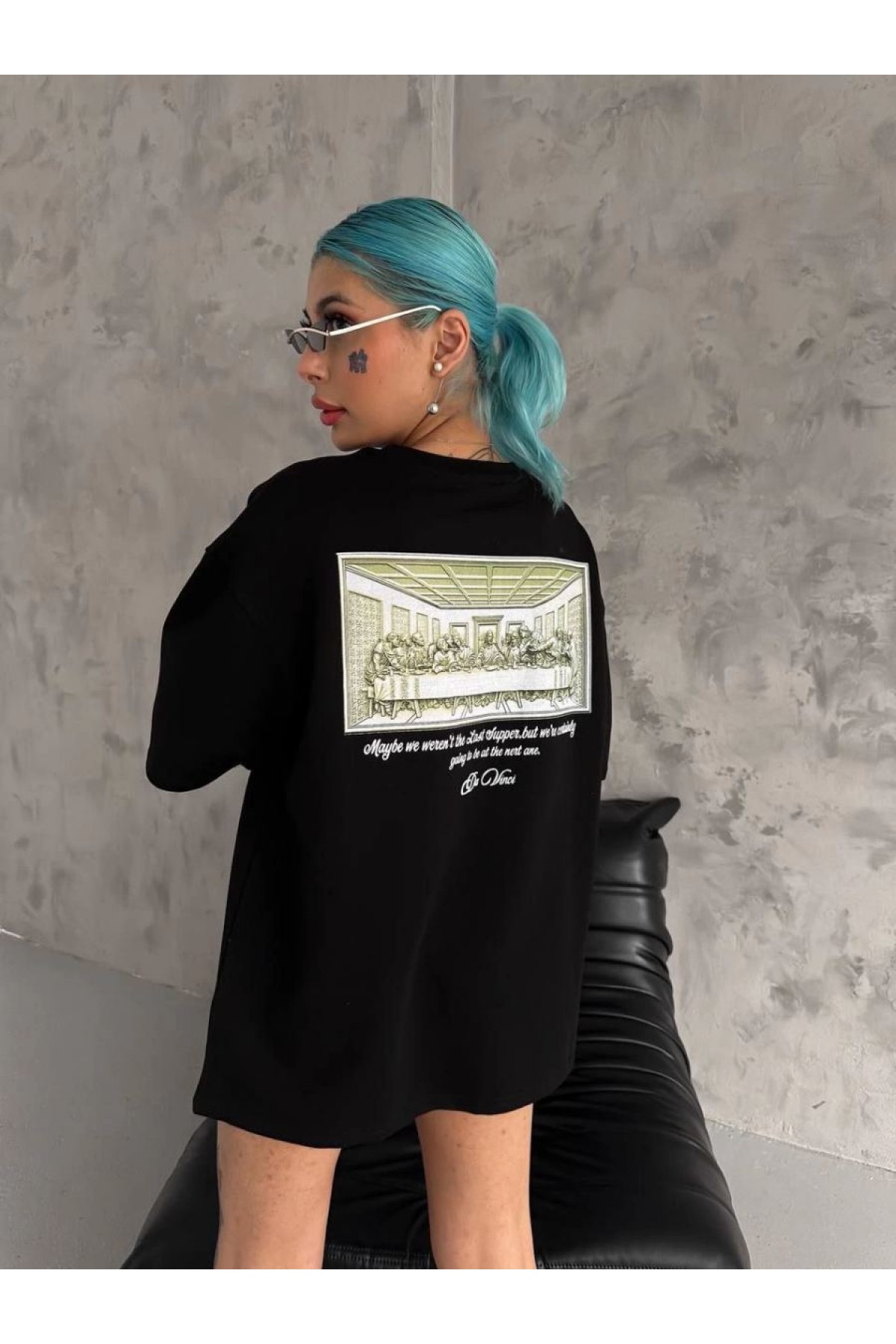 Kadın Baskılı T-Shirt Kısa Kol Bisiklet Yaka Oversize Rahat Kalıp Günlük Tişört - Siyah