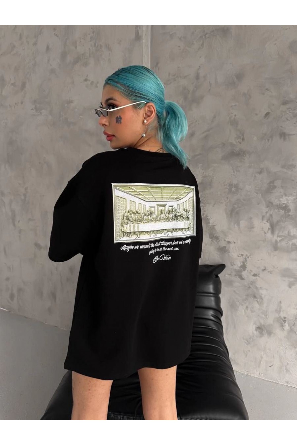 Kadın Baskılı T-Shirt Kısa Kol Bisiklet Yaka Oversize Rahat Kalıp Günlük Tişört - Siyah
