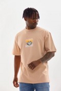 Erkek Baskılı T-Shirt Kısa Kol Bisiklet Yaka Rahat Kalıp Tişört - Bej