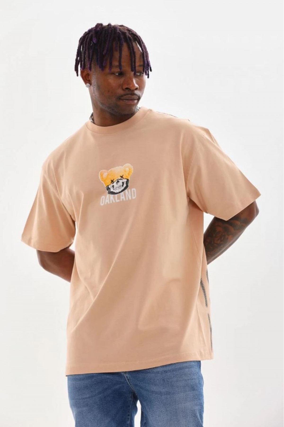 Erkek Baskılı T-Shirt Kısa Kol Bisiklet Yaka Rahat Kalıp Tişört - Bej