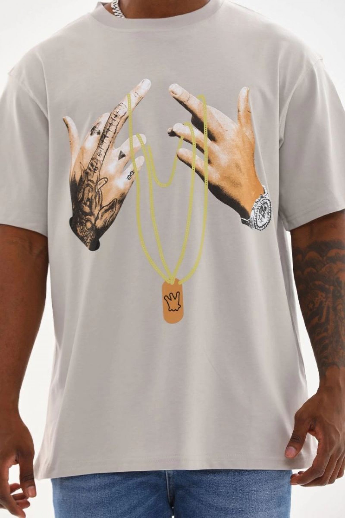 Erkek Baskılı T-Shirt Kısa Kol Bisiklet Yaka Rahat Kalıp Tişört - Gri