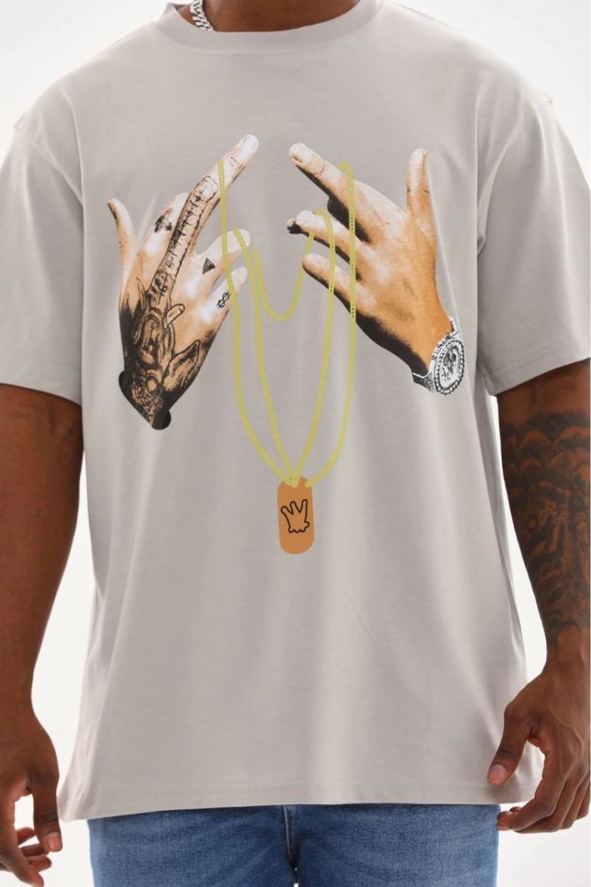 Erkek Baskılı T-Shirt Kısa Kol Bisiklet Yaka Rahat Kalıp Tişört - Gri