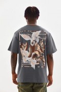 Erkek Baskılı T-Shirt Kısa Kol Bisiklet Yaka Rahat Kalıp Tişört  - Füme