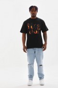 Erkek Baskılı T-Shirt Kısa Kol Bisiklet Yaka Rahat Kalıp Tişört - Siyah