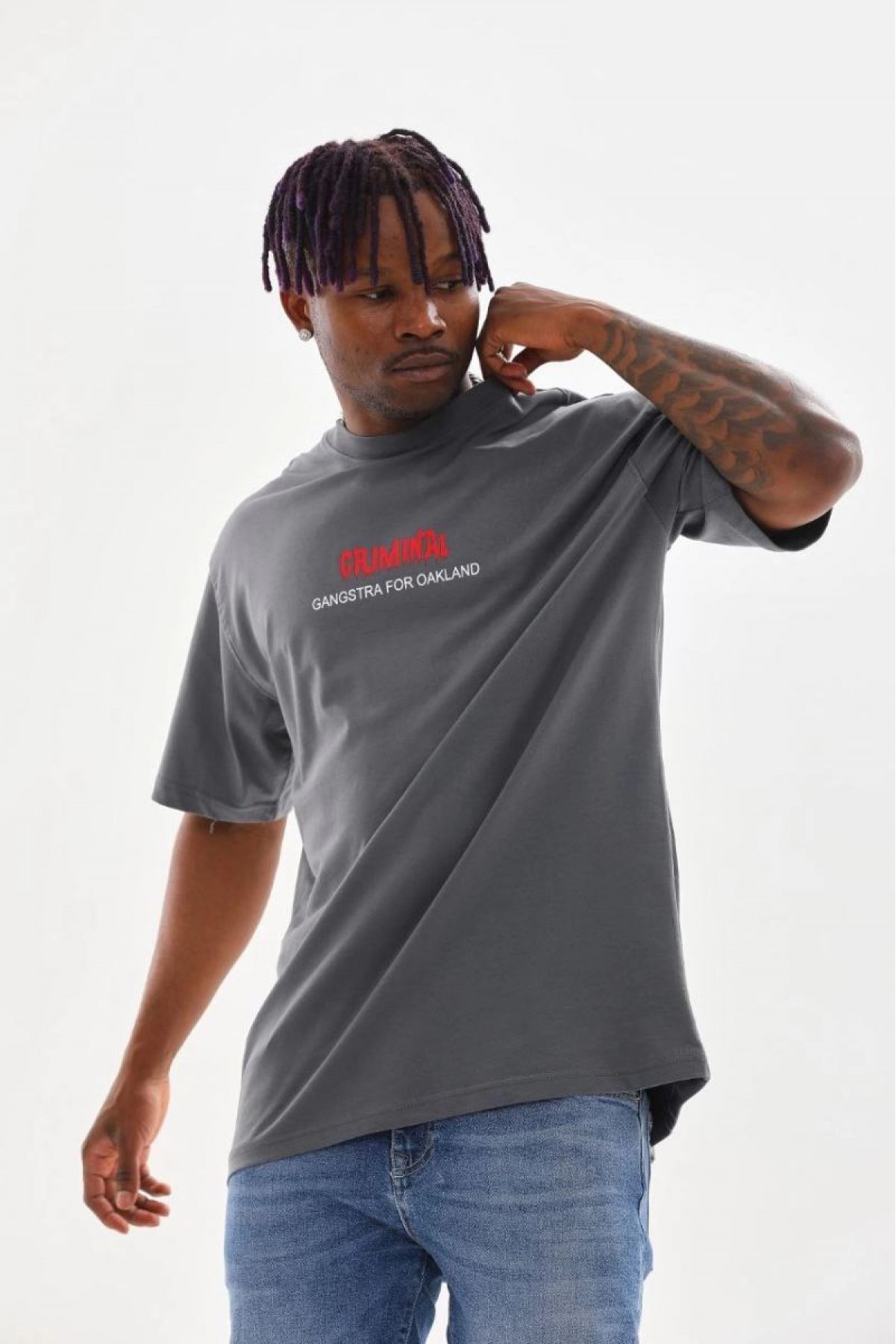 Erkek Baskılı T-Shirt Kısa Kol Bisiklet Yaka Rahat Kalıp Tişört - Füme