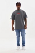 Erkek Baskılı T-Shirt Kısa Kol Bisiklet Yaka Rahat Kalıp Tişört - Füme