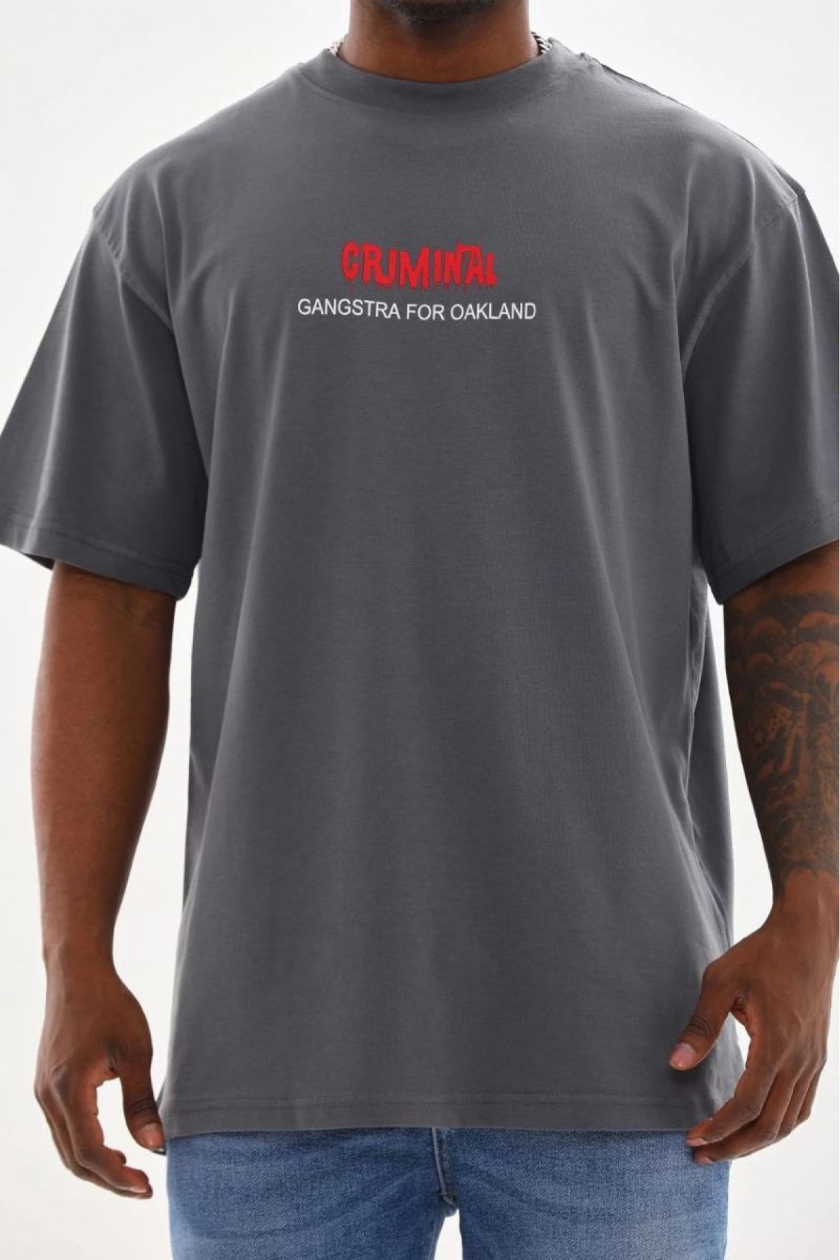 Erkek Baskılı T-Shirt Kısa Kol Bisiklet Yaka Rahat Kalıp Tişört - Füme
