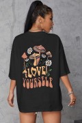 Kadın Baskılı Oversize kısa kol T-Shirt - Siyah