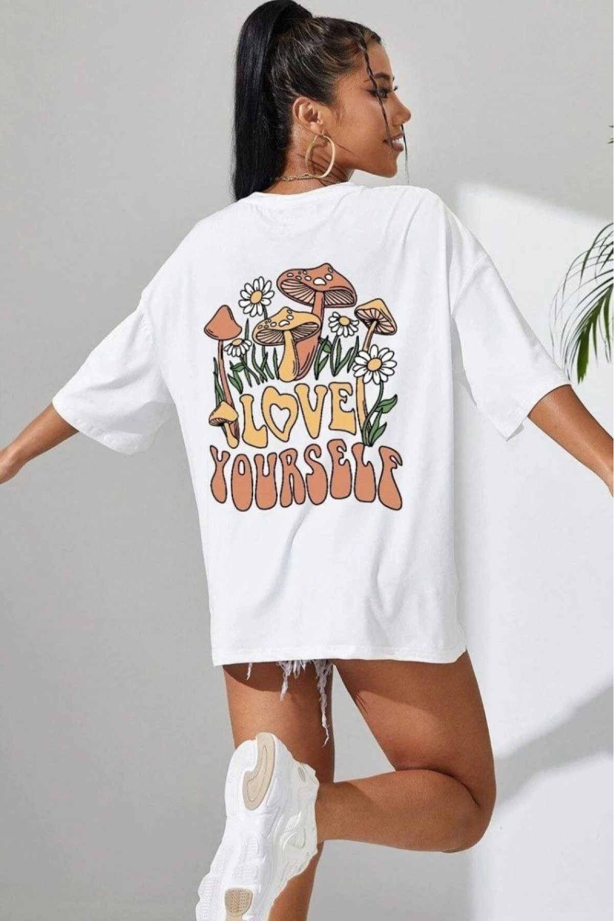 Kadın Baskılı Oversize kısa kol T-Shirt - Beyaz
