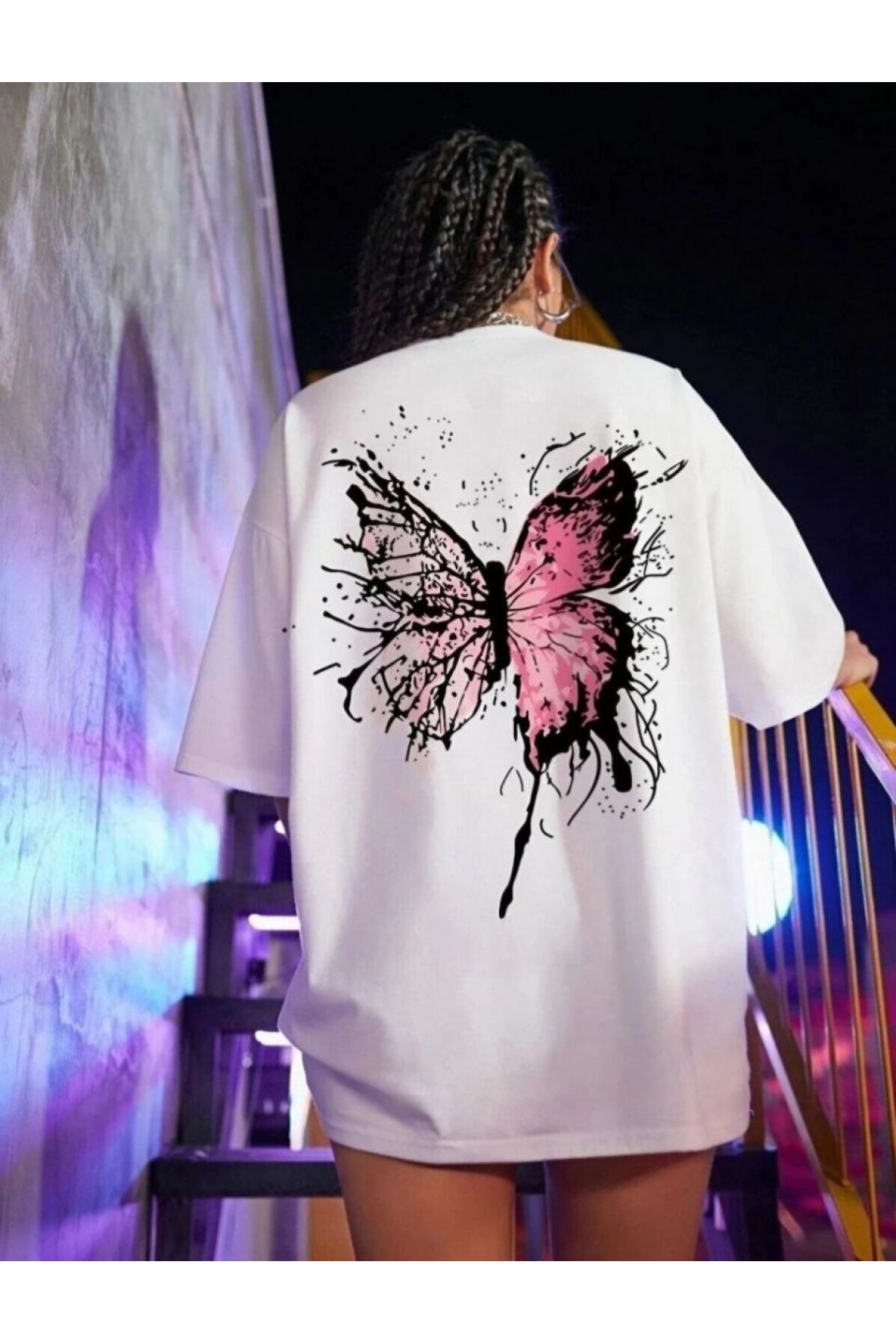 Kadın Tişört Kelebek Baskılı Oversize Kısa Kol T-Shirt - Beyaz