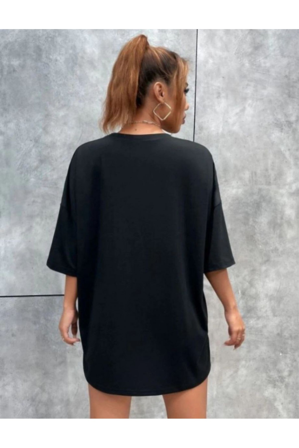 Kadın kelebek Baskılı Oversize kısa kol T-Shirt - Siyah
