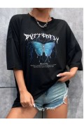 Kadın kelebek Baskılı Oversize kısa kol T-Shirt - Siyah
