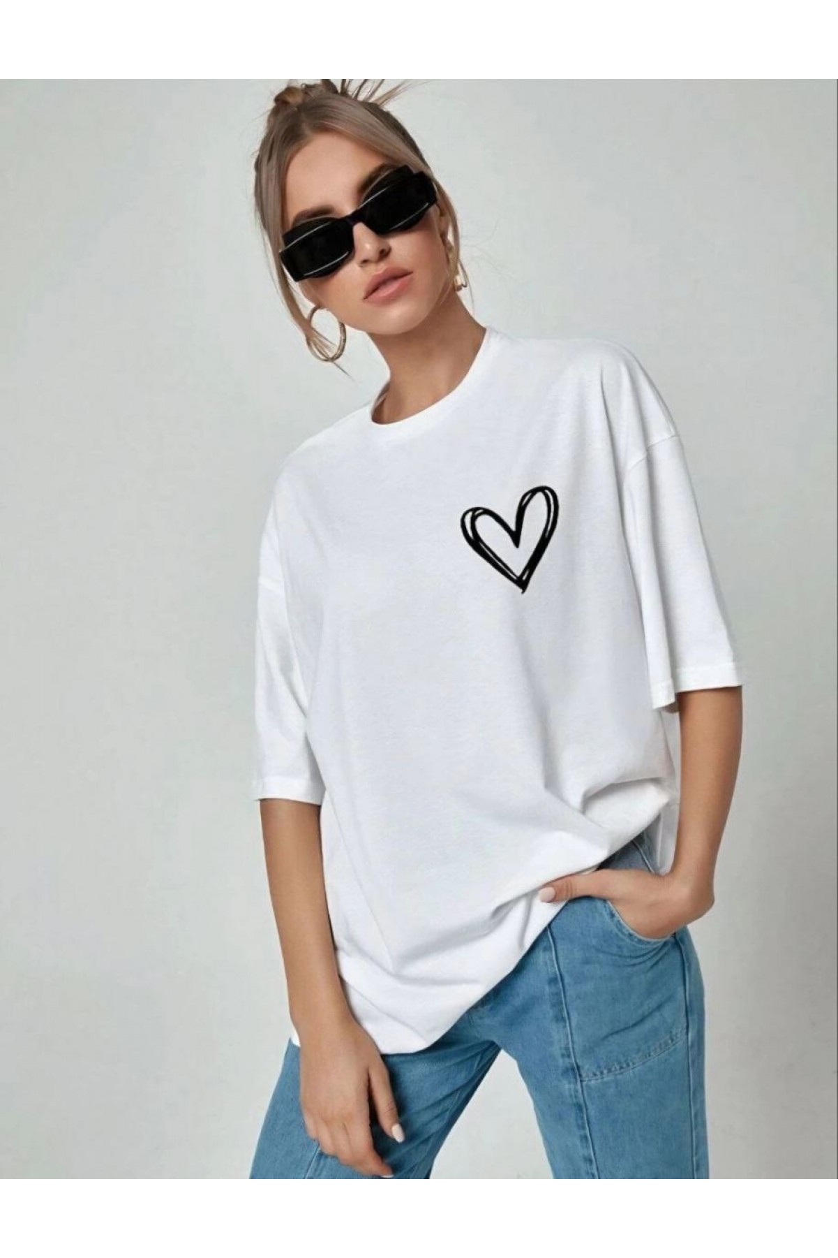 Kadın Tişort Kalp Baskılı Bisiklet yaka Kısa kol T-Shirt - Beyaz