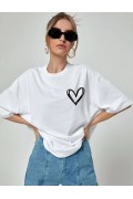 Kadın Tişort Kalp Baskılı Bisiklet yaka Kısa kol T-Shirt - Beyaz