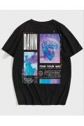 Kadın Baskılı T-Shirt Kısa Kol Bisiklet Yaka Oversize Rahat Kalıp Tişört - Siyah