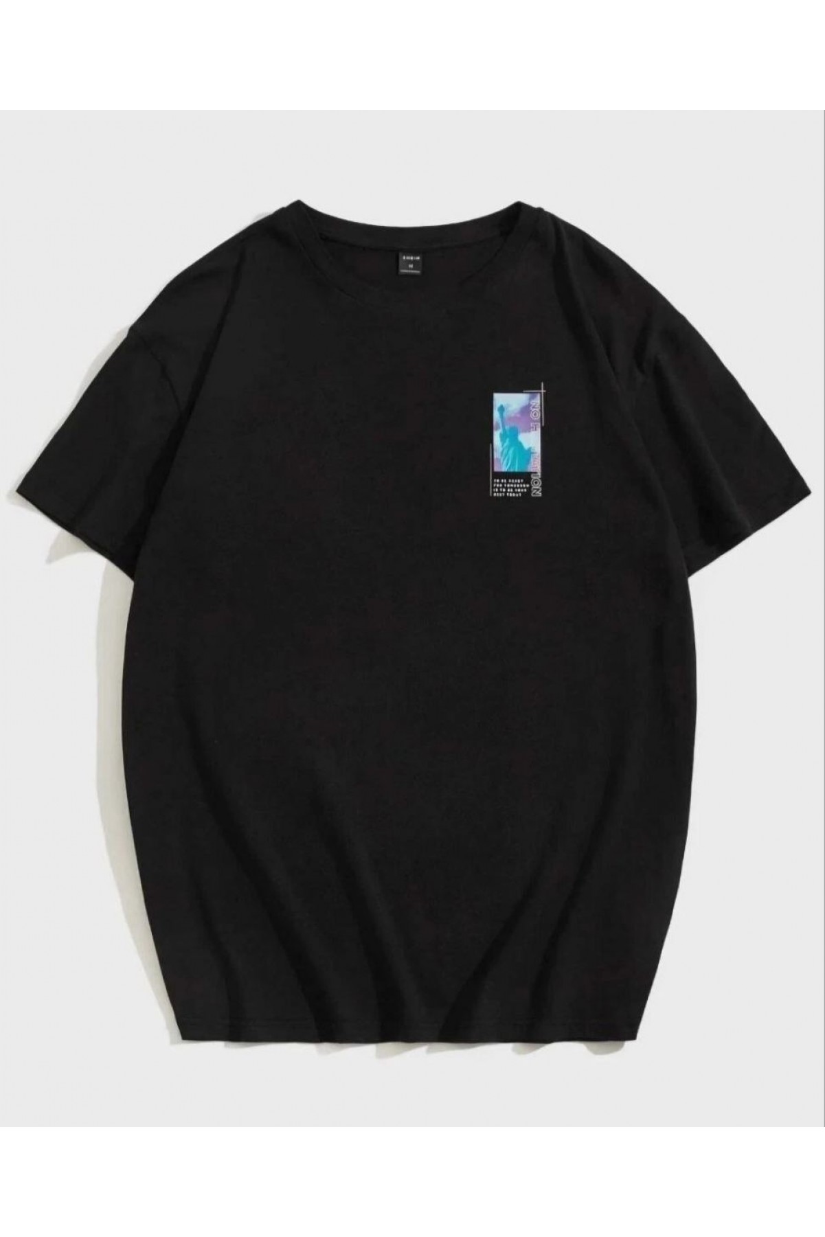 Kadın Baskılı T-Shirt Kısa Kol Bisiklet Yaka Oversize Rahat Kalıp Tişört - Siyah
