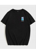 Kadın Baskılı T-Shirt Kısa Kol Bisiklet Yaka Oversize Rahat Kalıp Tişört - Siyah