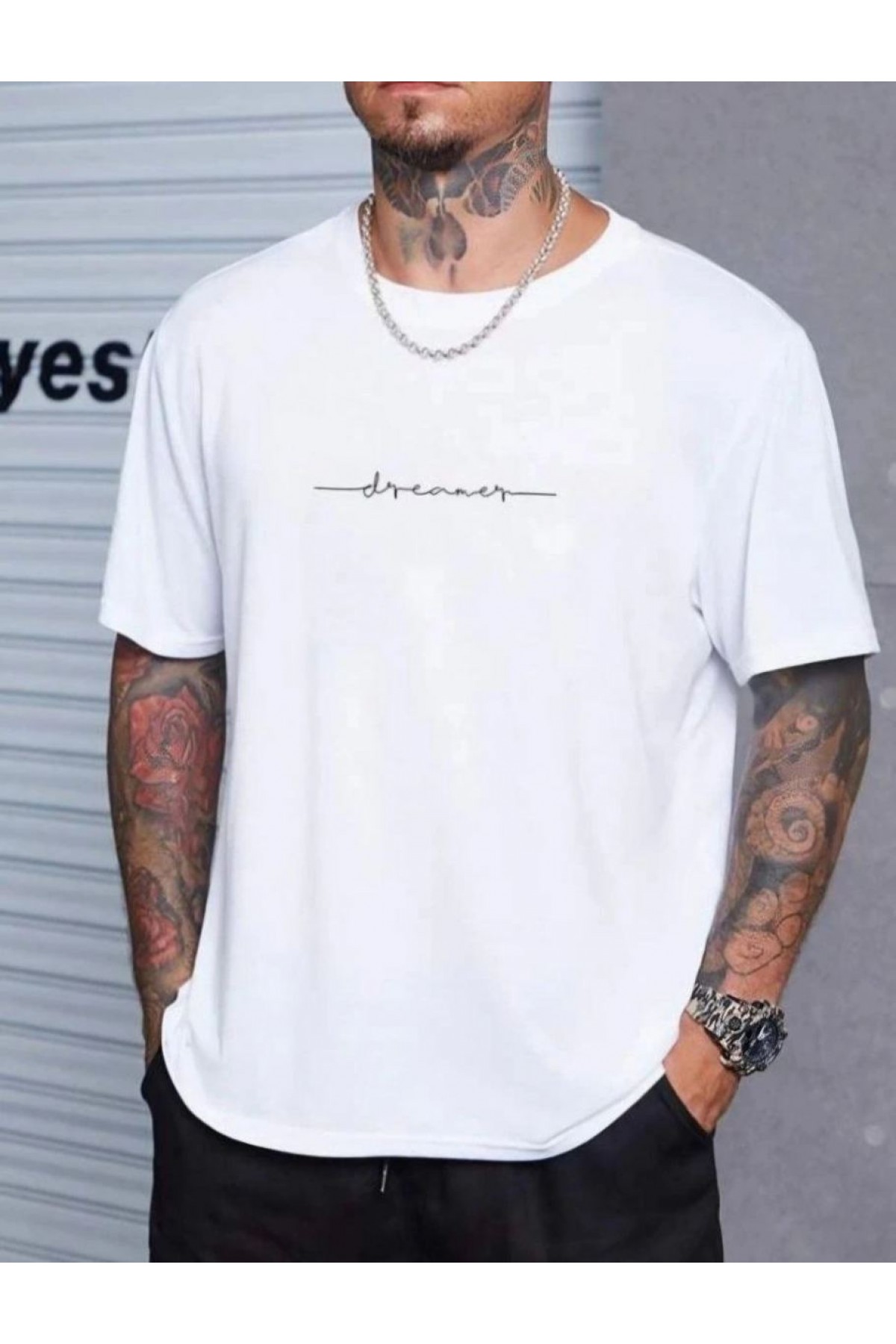 Erkek Baskılı T-Shirt Kısa Kol Bisiklet Yaka Regular Fit Rahat Kalıp Tişört - Beyaz