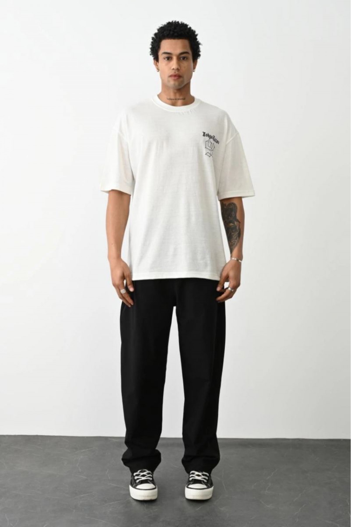 Erkek Kısa Kol Yazlık Tişört Bisiklet Yaka Baskılı Oversize T-Shirt - Beyaz