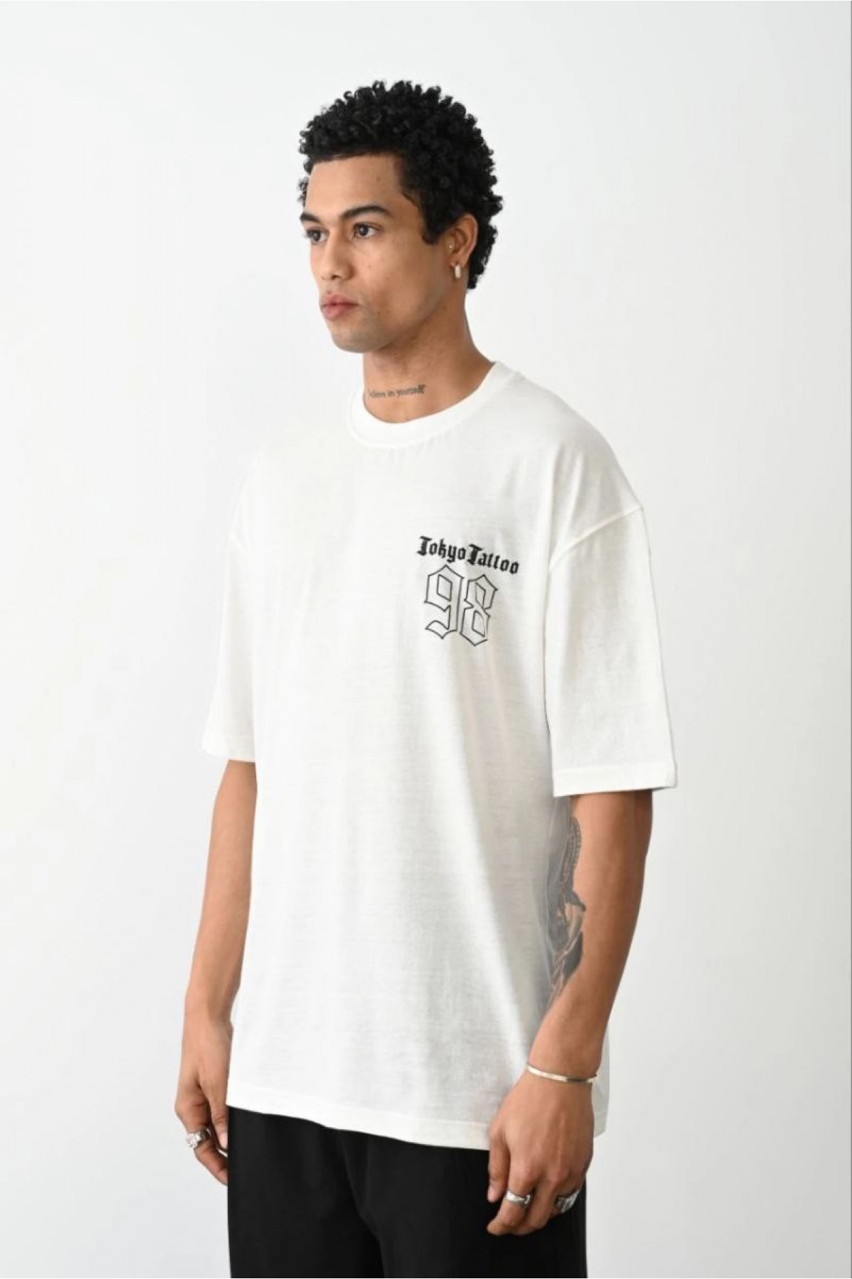 Erkek Kısa Kol Yazlık Tişört Bisiklet Yaka Baskılı Oversize T-Shirt - Beyaz