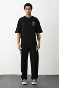 Erkek Kısa Kol Yazlık Tişört Bisiklet Yaka Baskılı Oversize T-Shirt - Siyah