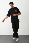 Erkek Kısa Kol Yazlık Tişört Bisiklet Yaka Baskılı Oversize T-Shirt - Siyah