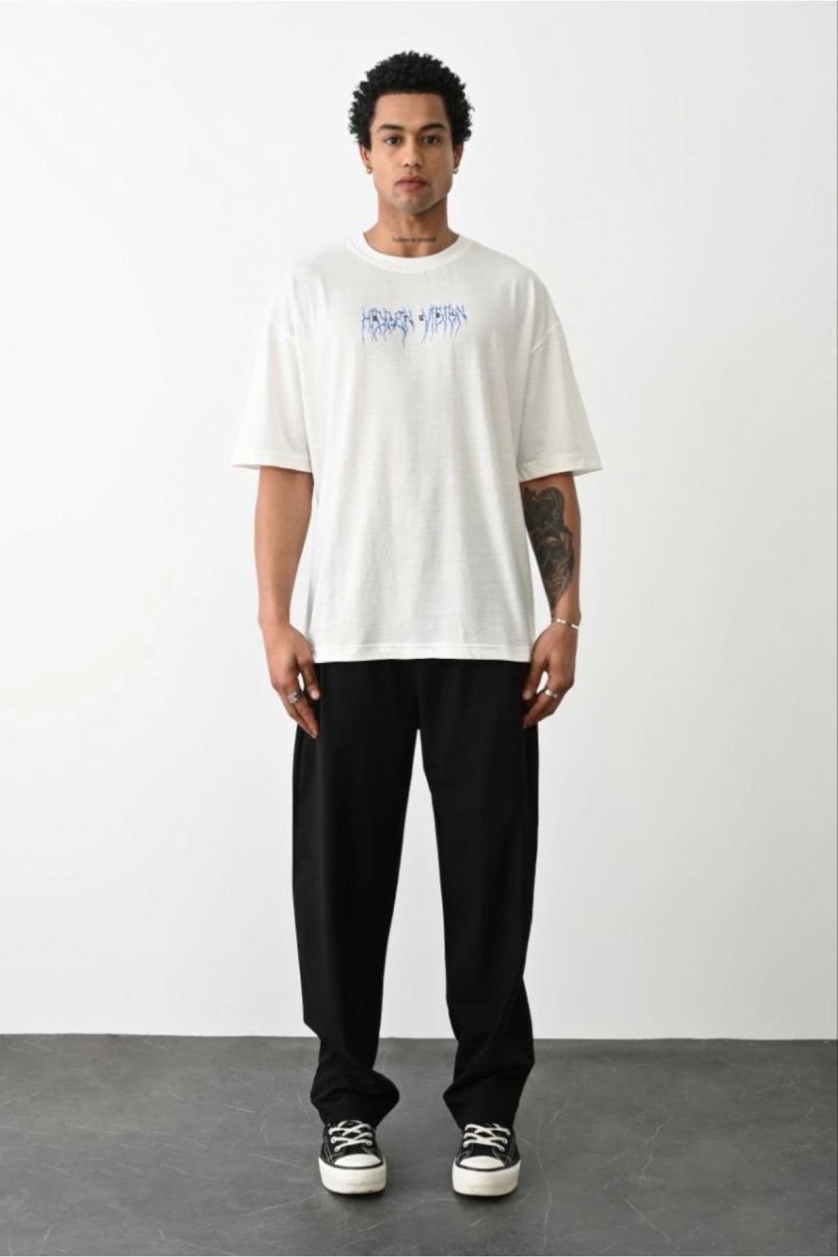 Erkek Kısa Kol Yazlık Tişört Bisiklet Yaka Baskılı Oversize T-Shirt -  Beyaz