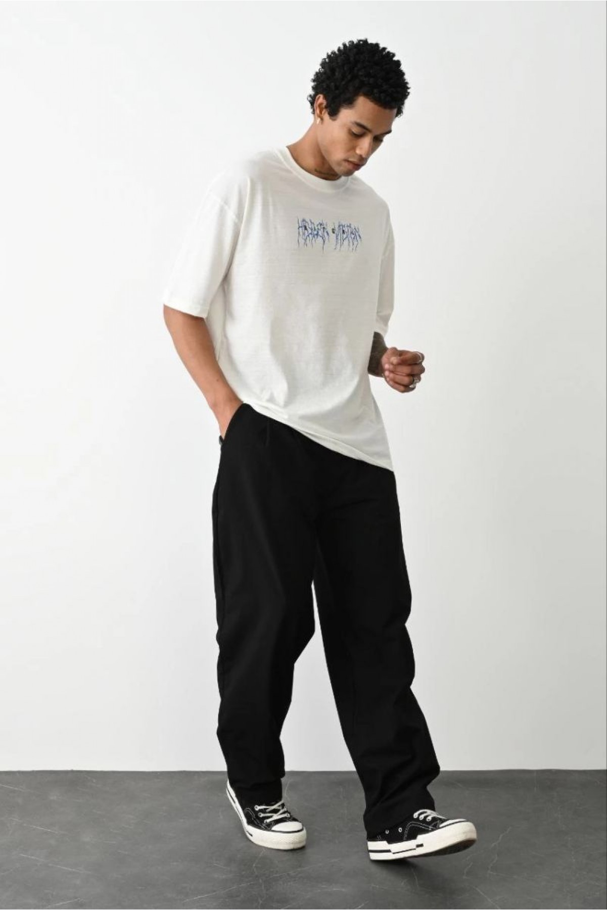 Erkek Kısa Kol Yazlık Tişört Bisiklet Yaka Baskılı Oversize T-Shirt -  Beyaz