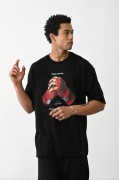 Erkek Boxy Eldiven Baskılı T-Shirt Kısa Kol Bisiklet Yaka Tişört - Siyah