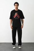 Erkek Boxy Eldiven Baskılı T-Shirt Kısa Kol Bisiklet Yaka Tişört - Siyah