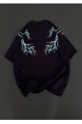 Kadın Bisiklet Yaka Baskılı  Kısa kol Oversize T-Shirt - Siyah