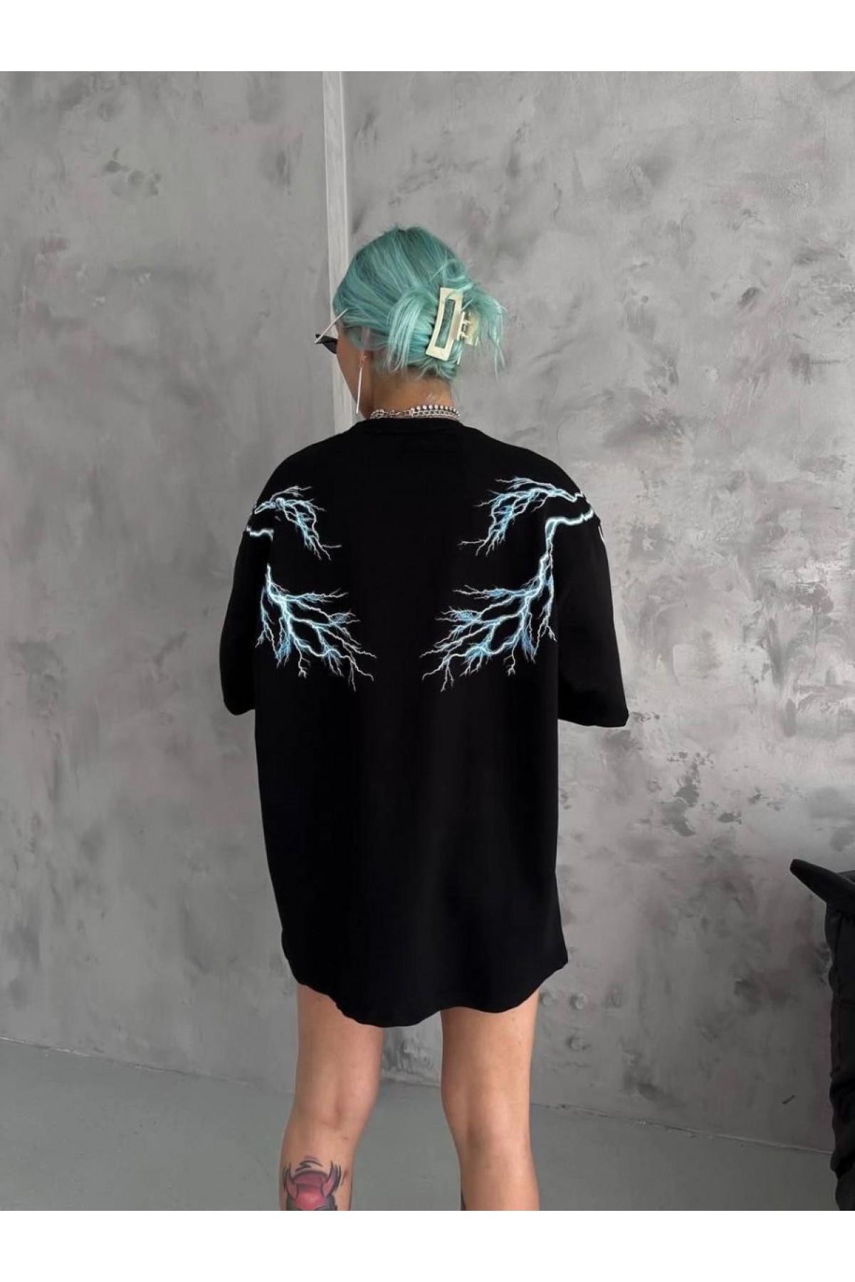 Kadın Bisiklet Yaka Baskılı  Kısa kol Oversize T-Shirt - Siyah